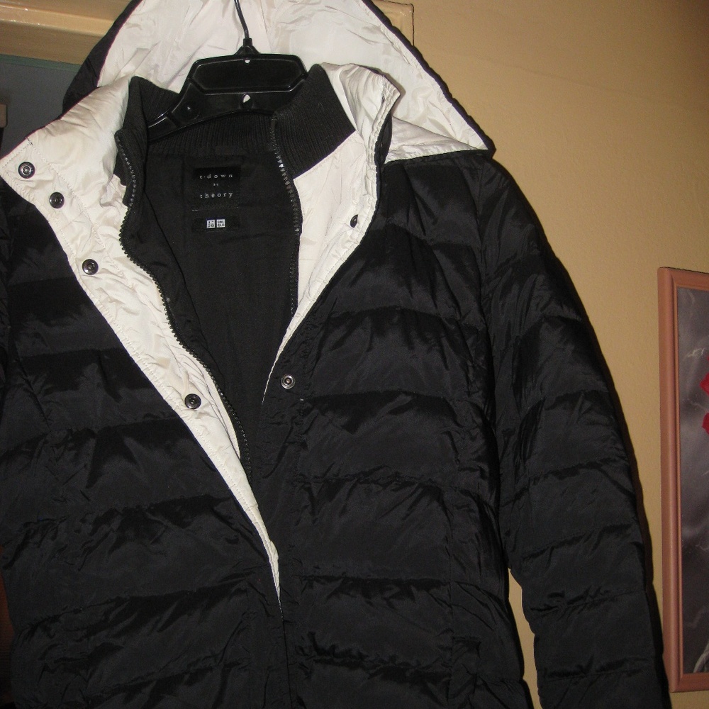 THEORY, black & white down HOODED New Coat, Pockets, Jr.'s/ teens kids, $Firm